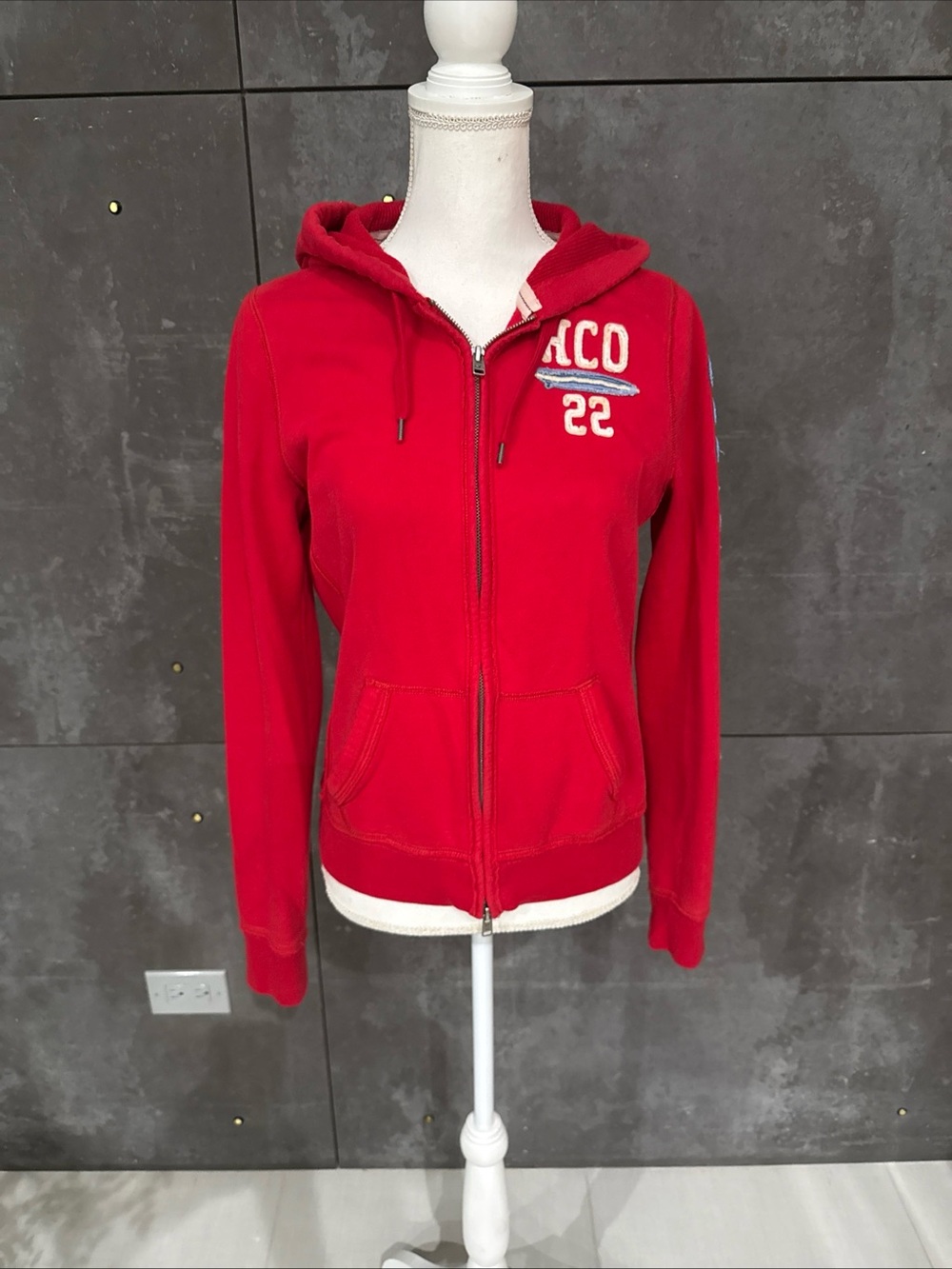 Hollister Red Zip-Up Hoodie with Hood and Embroidered '22','CO' Detail